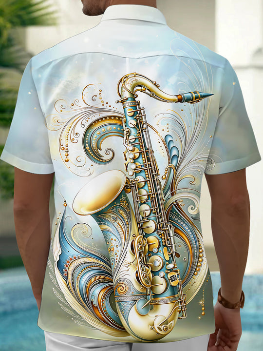 Adaychic Men's Vintage Style Saxophone Illustration Print Short Sleeve Shirt with Chest Pocket