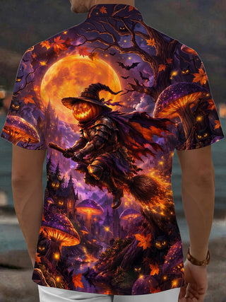 Adaychic Men's Graphic Pumpkin Knight Print Short Sleeve Shirt with Chest Pocket