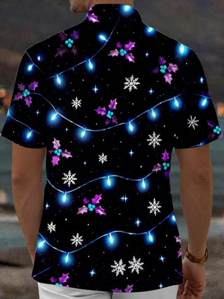 Adaychic Men's Short Sleeve Shirt - Christmas Light Strings And Holly Leaves Print with Chest Pocket
