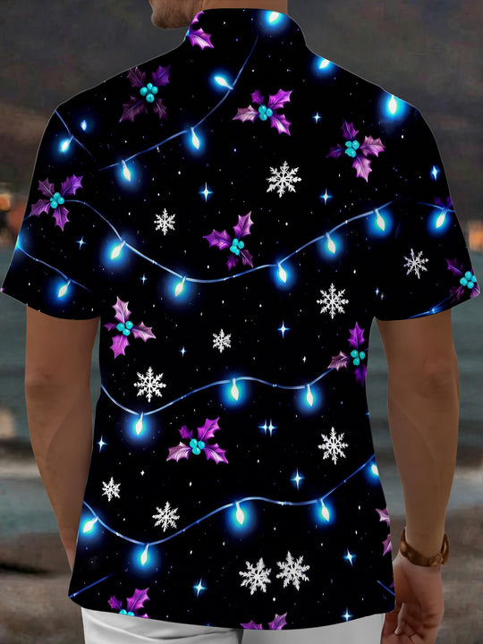 Adaychic Men's Short Sleeve Shirt - Christmas Light Strings And Holly Leaves Print with Chest Pocket