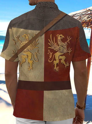 Adaychic Men's Vintage Style Medieval Griffin Print Short Sleeve Shirt with Chest Pocket