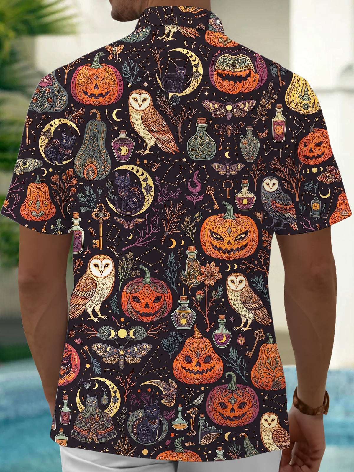 Adaychic Men's Halloween Owls Pumpkins And Cats Print Short Sleeve Shirt with Chest Pocket