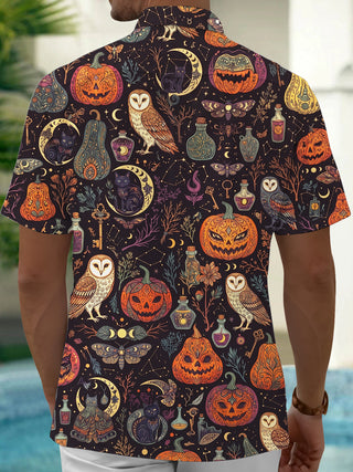 Adaychic Men's Halloween Owls Pumpkins And Cats Print Short Sleeve Shirt with Chest Pocket