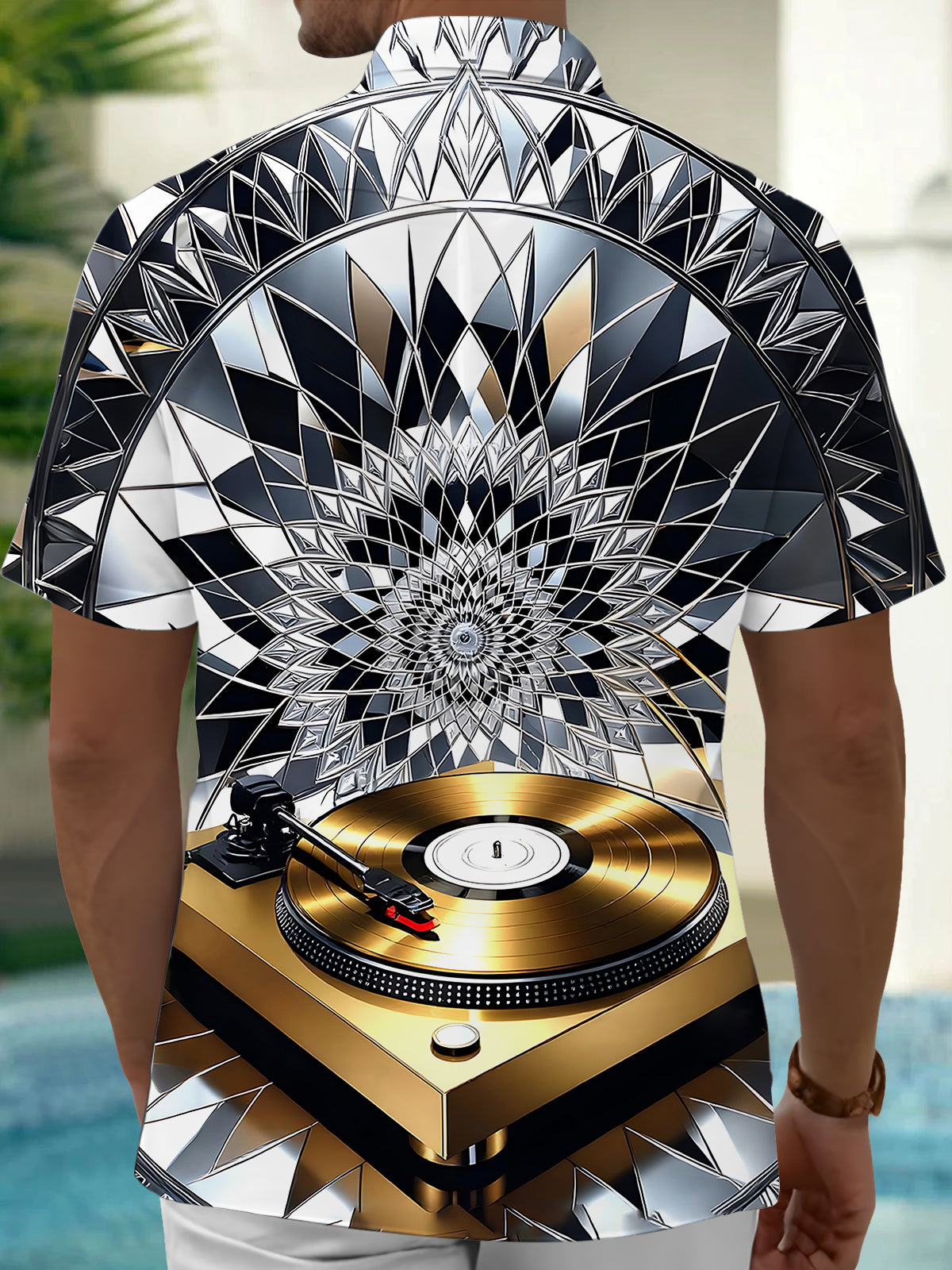 Adaychic Men's Graphic Vinyl Record Player Print Short Sleeve Shirt with Chest Pocket