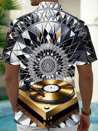 Adaychic Men's Graphic Vinyl Record Player Print Short Sleeve Shirt with Chest Pocket