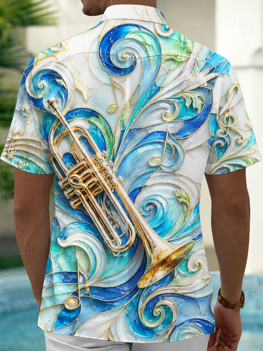 Adaychic Men's 3D Stained Glass Trumpet Print Short Sleeve Shirt with Chest Pocket