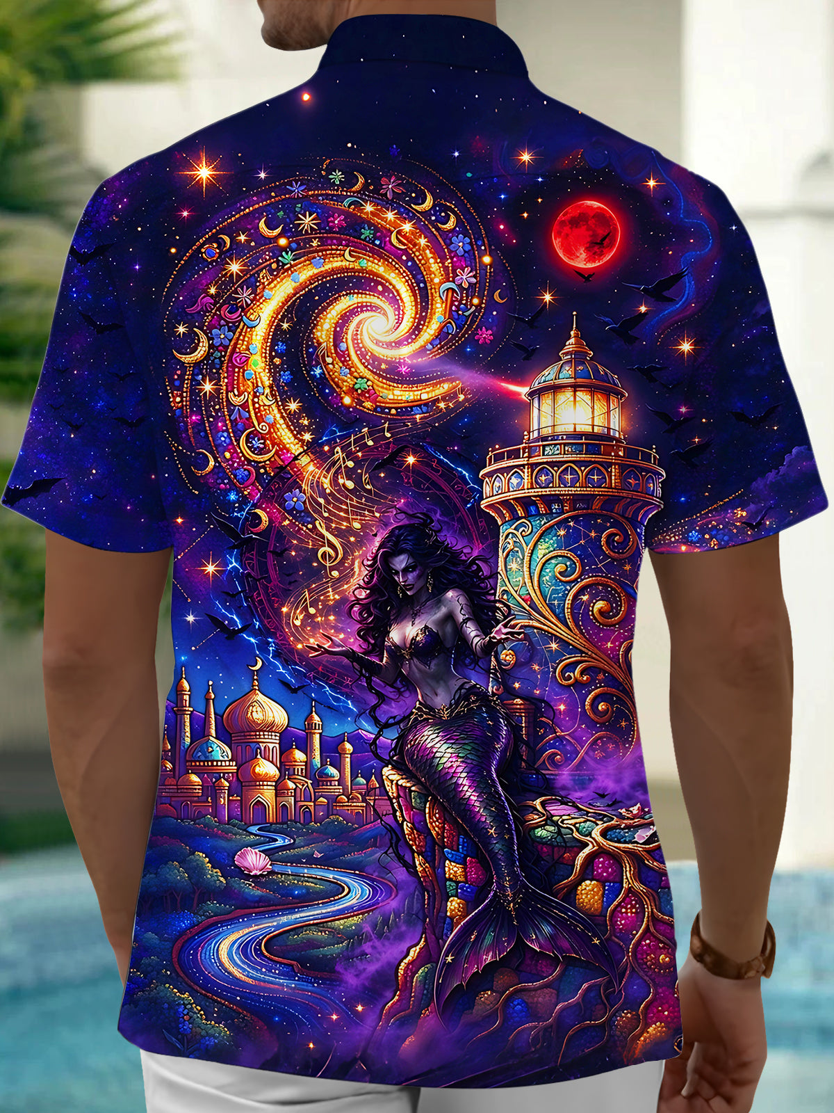 Adaychic Men's Hawaiian Dark Mermaid And Lighthouse Print Short Sleeve Shirt with Chest Pocket