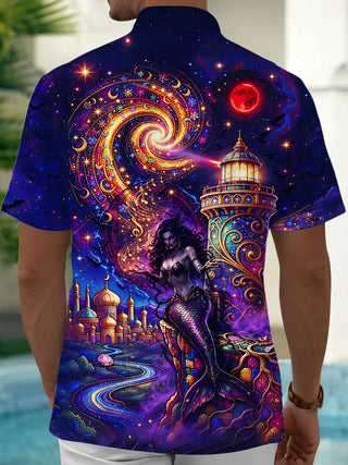 Adaychic Men's Hawaiian Dark Mermaid And Lighthouse Print Short Sleeve Shirt with Chest Pocket