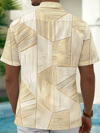 Adaychic Men's 3D 3D Wood Grain Geometric Mosaic Print Short Sleeve Shirt with Chest Pocket
