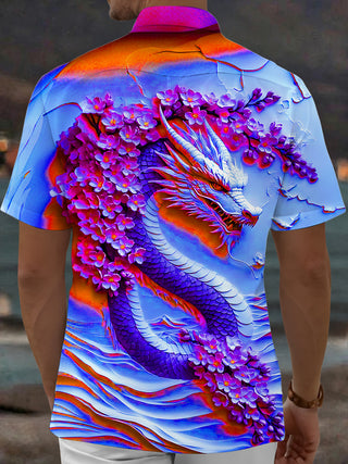 Adaychic Men's Graphic Dragon Print Floral Print Short Sleeve Shirt with Chest Pocket
