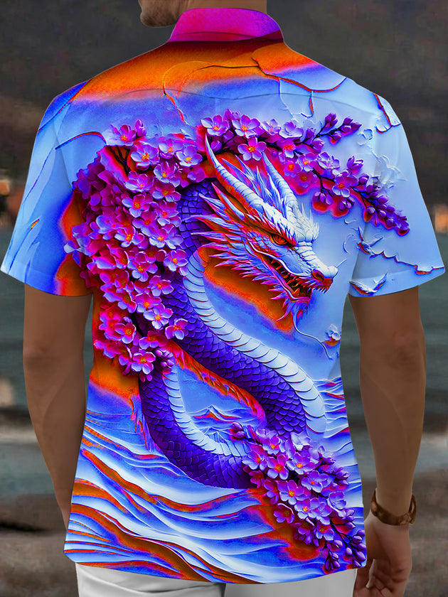 Adaychic Men's Graphic Dragon Print Floral Print Short Sleeve Shirt with Chest Pocket
