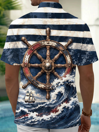 Adaychic Men's Ship Wheel And Sailboat On Waves Print Short Sleeve Shirt with Chest Pocket