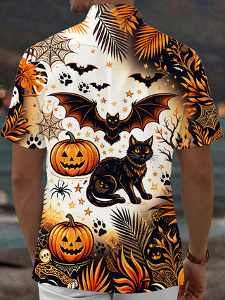 Adaychic Men's Hawaiian Halloween Black Cat Print Short Sleeve Shirt with Chest Pocket