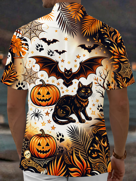 Adaychic Men's Hawaiian Halloween Black Cat Print Short Sleeve Shirt with Chest Pocket