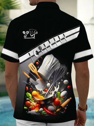 Adaychic Men's Printed Kitchen Cookware Print Chef Hat Print Short Sleeve Shirt with Chest Pocket