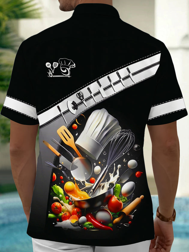 Adaychic Men's Printed Kitchen Cookware Print Chef Hat Print Short Sleeve Shirt with Chest Pocket