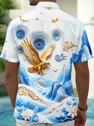 Adaychic Men's Golden Eagle And Mountain Landscape Print Short Sleeve Shirt with Chest Pocket