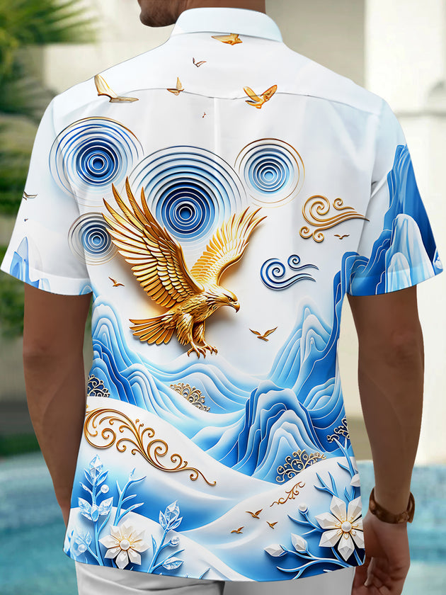 Adaychic Men's Golden Eagle And Mountain Landscape Print Short Sleeve Shirt with Chest Pocket