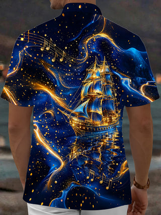 Adaychic Men's Printed Sailing Ship Print Music Notes Print Short Sleeve Shirt with Chest Pocket