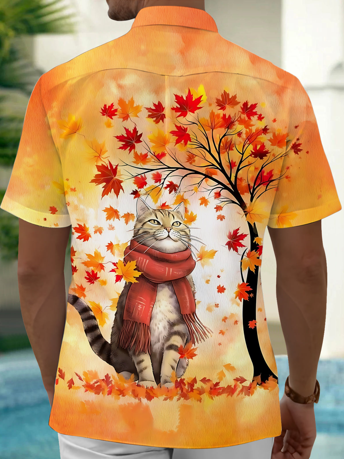 Adaychic Men's Hawaiian Autumn Maple Leaves Print Short Sleeve Shirt with Chest Pocket