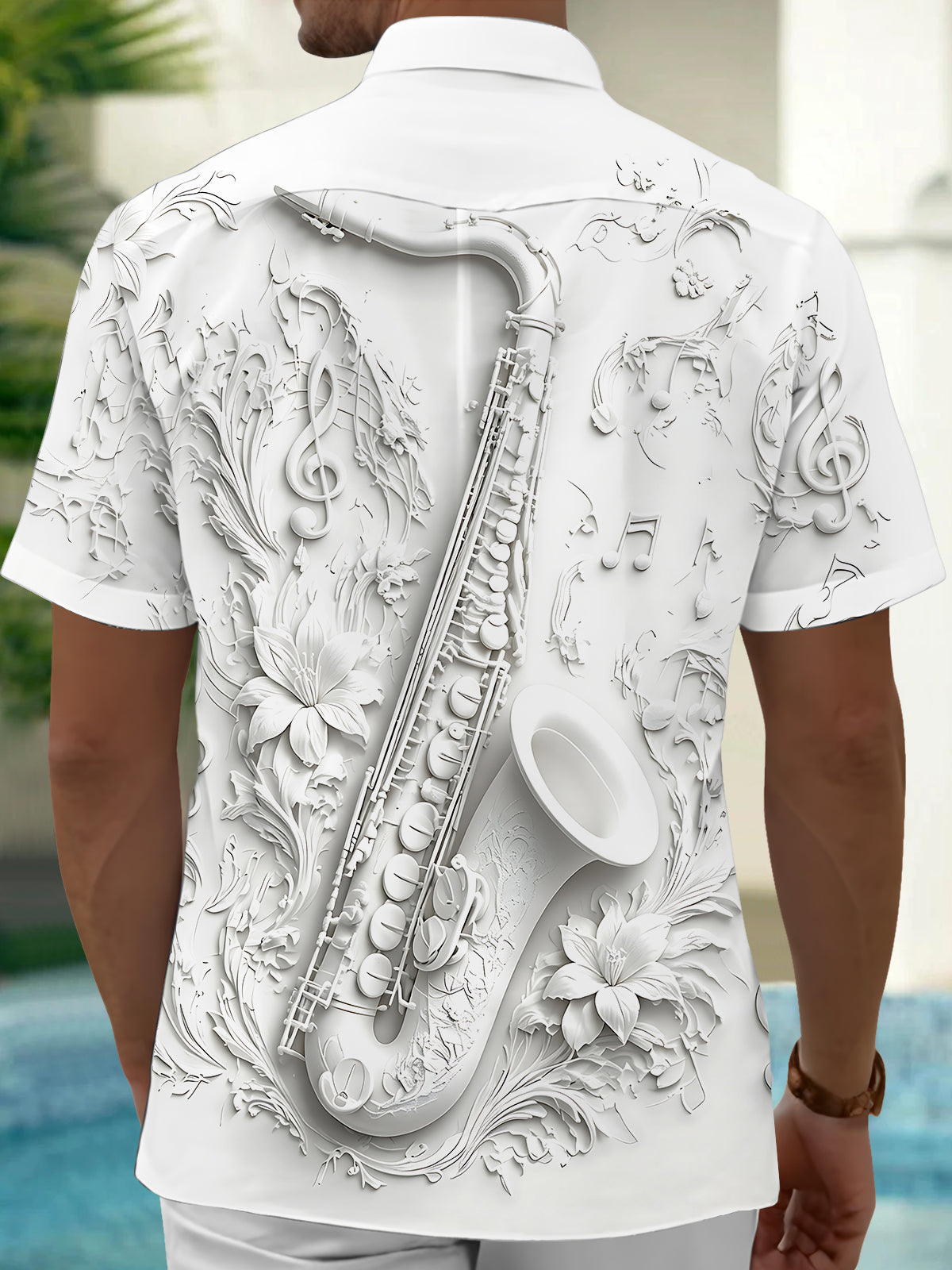 Adaychic Men's Graphic Floral 3D Saxophone Musical Print Short Sleeve Button Down Shirt with Chest Pocket