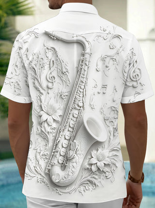 Adaychic Men's Graphic Floral 3D Saxophone Musical Print Short Sleeve Button Down Shirt with Chest Pocket