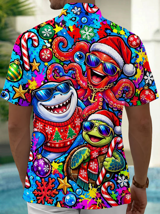 Adaychic Men's Hawaiian Christmas Marine Life Print Short Sleeve Shirt with Chest Pocket