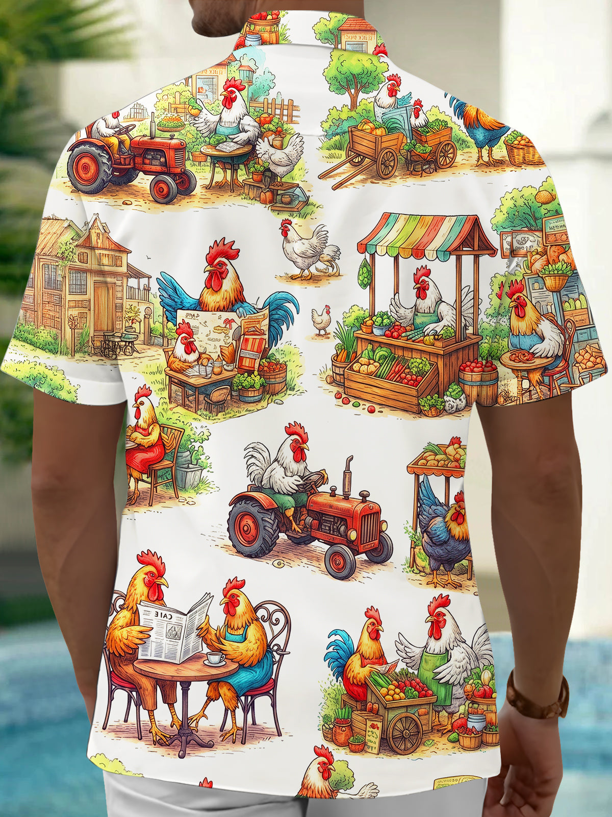 Adaychic Men's Hawaiian Rooster Farm Market Scenes Print Short Sleeve Shirt with Chest Pocket