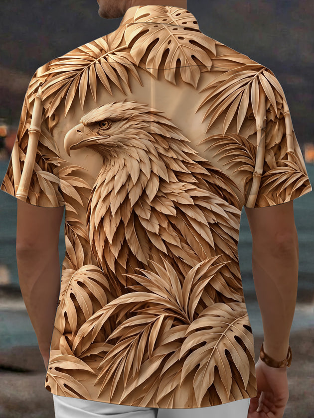 Adaychic Men's Hawaiian Eagle Head Print Palm Leaves Print Short Sleeve Shirt with Chest Pocket