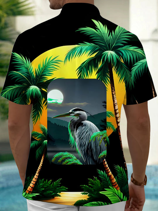 Men's Hawaiian Coconut Tree Parrot Pocket Short Sleeve Shirt Back View