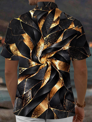 Adaychic Men's Short Sleeve Shirt - Abstract Geometric Swirl With Gold And Black Textures Print with Chest Pocket