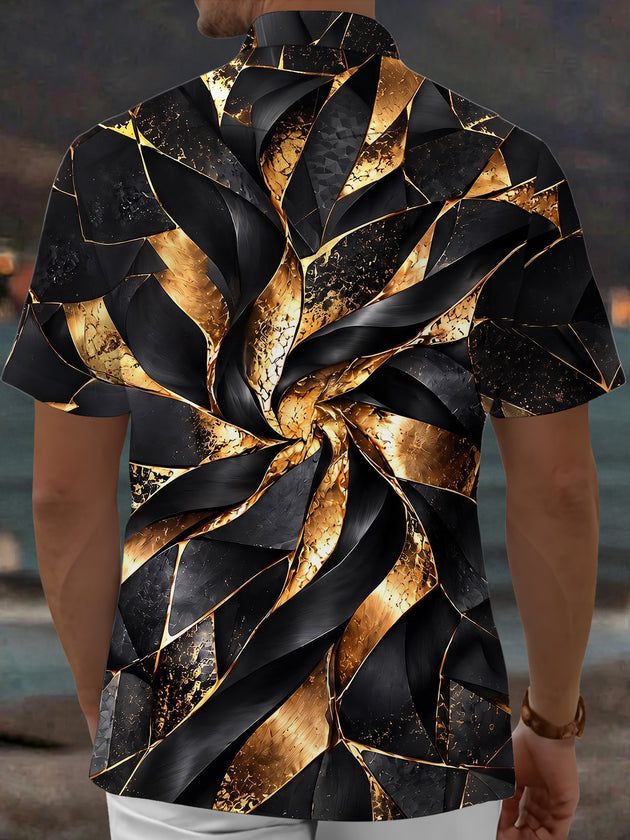 Adaychic Men's Short Sleeve Shirt - Abstract Geometric Swirl With Gold And Black Textures Print with Chest Pocket