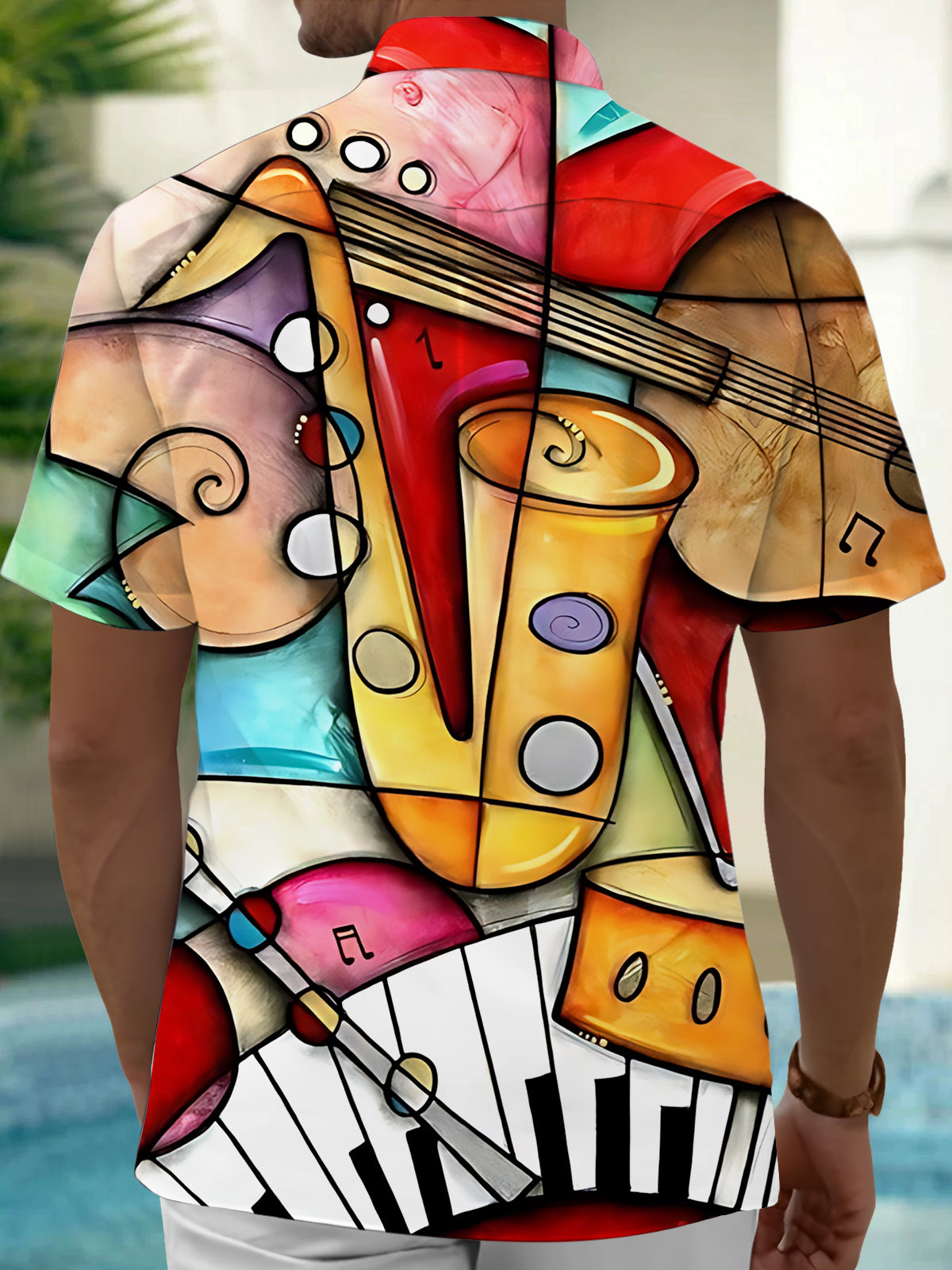 Adaychic Men's Graphic Musical Instruments Print Short Sleeve Shirt with Chest Pocket