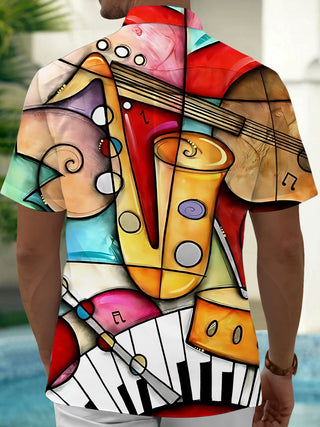 Adaychic Men's Graphic Musical Instruments Print Short Sleeve Shirt with Chest Pocket