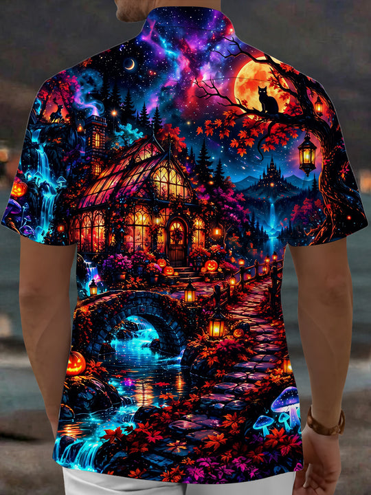 Adaychic Men's Halloween Black Cats And Pumpkins Print Short Sleeve Shirt with Chest Pocket