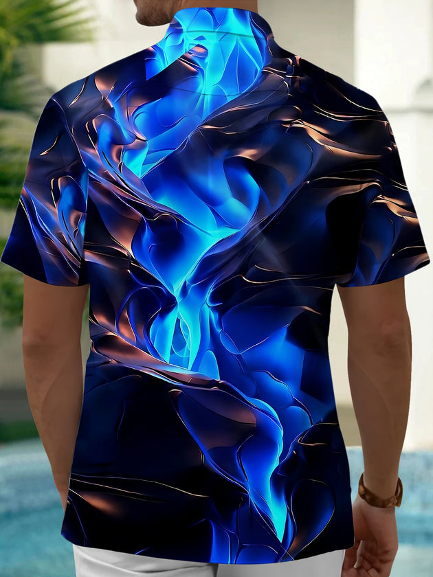 Adaychic Men's Graphic Abstract Blue 3D Wave Print Short Sleeve Button Down Shirt with Chest Pocket