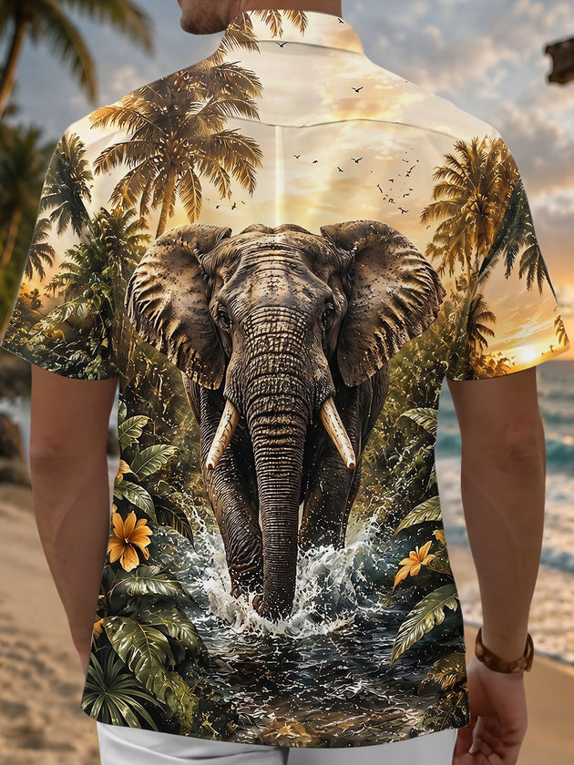 Adaychic Men's Hawaiian Elephant Print Short Sleeve Shirt with Chest Pocket