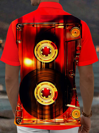 Adaychic Men's Vintage Style Cassette Tape Print Short Sleeve Shirt with Chest Pocket