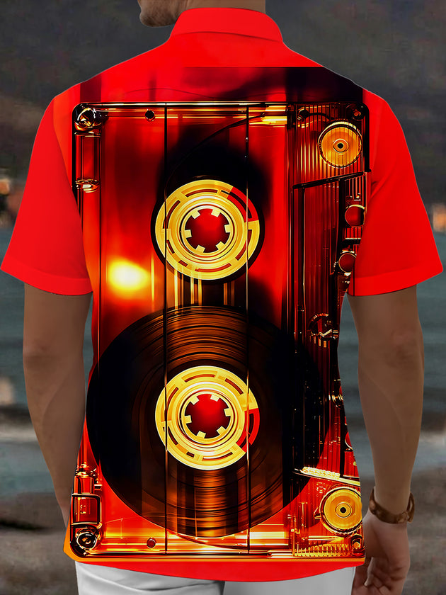 Adaychic Men's Vintage Style Cassette Tape Print Short Sleeve Shirt with Chest Pocket