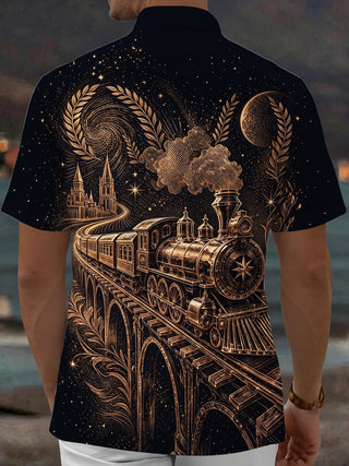 Adaychic Men's Printed Vintage Steam Train Print Short Sleeve Shirt with Chest Pocket