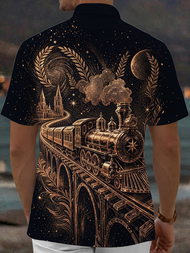 Adaychic Men's Printed Vintage Steam Train Print Short Sleeve Shirt with Chest Pocket