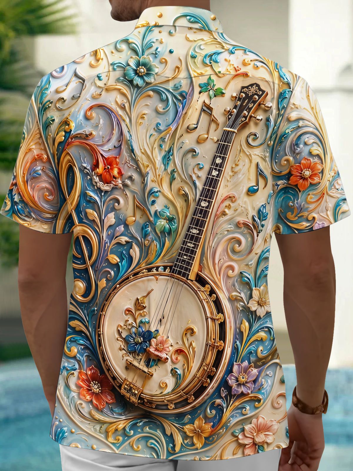 Adaychic Men's Vintage Style Banjo Relief Print Short Sleeve Shirt with Chest Pocket