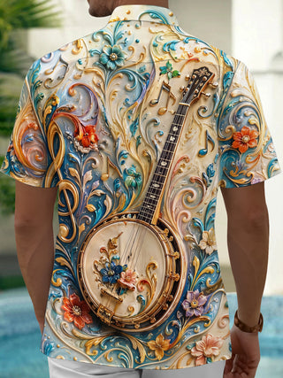 Adaychic Men's Vintage Style Banjo Relief Print Short Sleeve Shirt with Chest Pocket