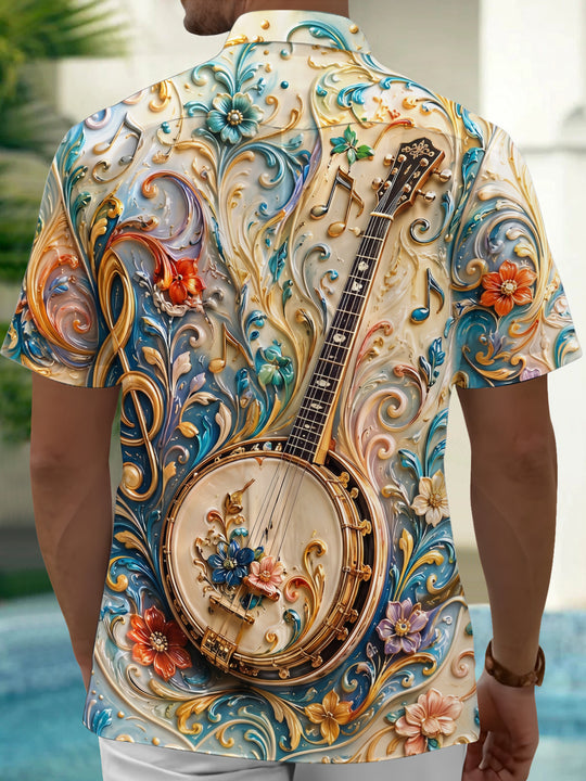 Adaychic Men's Vintage Style Banjo Relief Print Short Sleeve Shirt with Chest Pocket