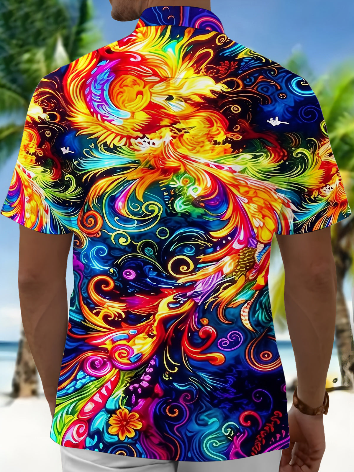 Adaychic Men's Graphic Floral Colorful Phoenix Bird Swirl Print Short Sleeve Button Down Shirt with Chest Pocket