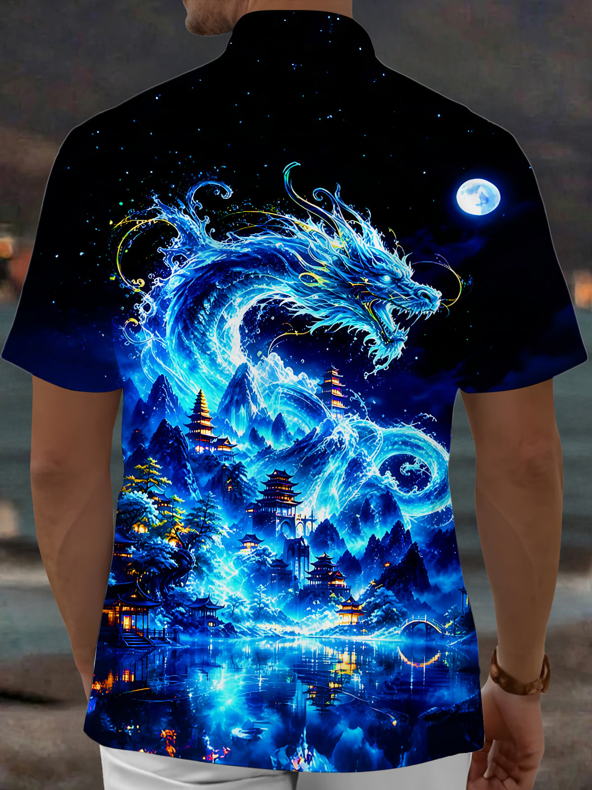 Adaychic Men's Graphic Blue Water Dragon Print Short Sleeve Shirt with Chest Pocket