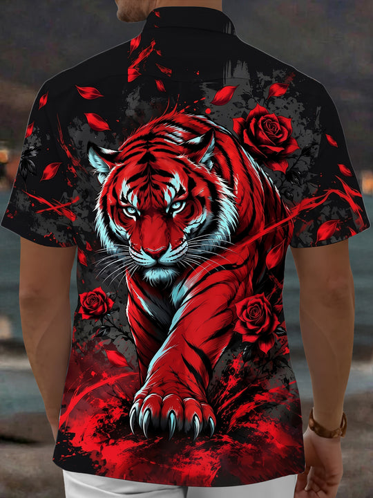 Adaychic Men's Hawaiian Red Tiger And Red Roses Print Short Sleeve Shirt with Chest Pocket