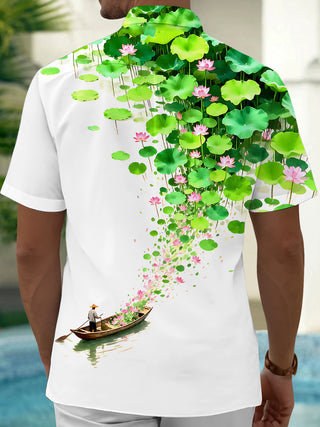 Boating Lotus Pond Landscape Men's Pocket Short Sleeve Shirts