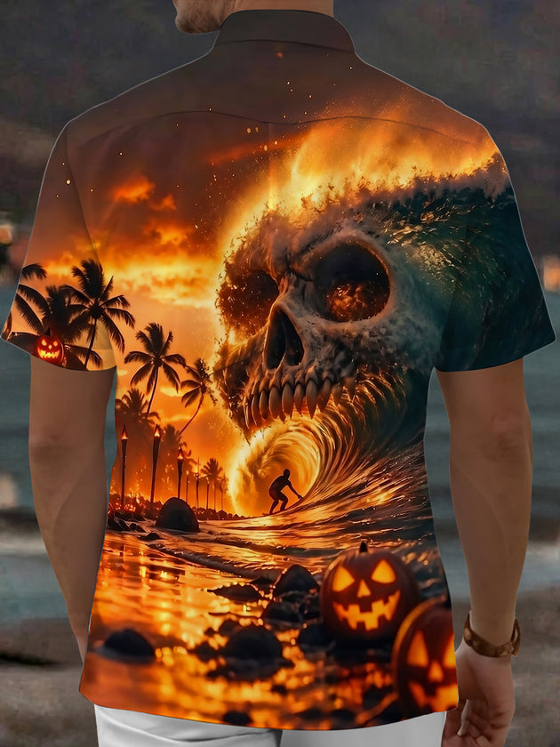 Adaychic Men's Hawaiian Skull Wave Sunset Print Short Sleeve Shirt with Chest Pocket