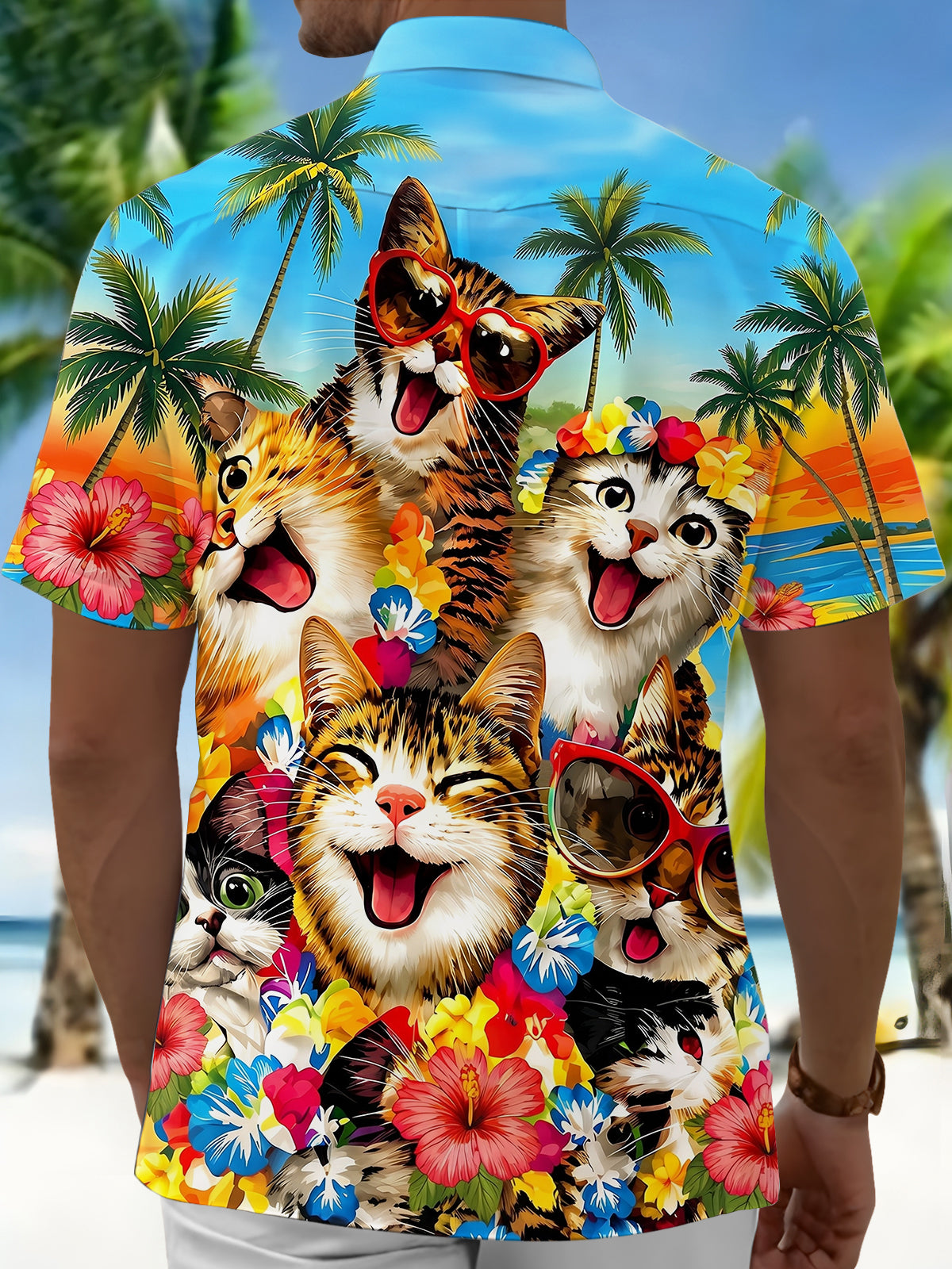 Adaychic Men's Hawaiian Floral Cat Tropical Print Short Sleeve Button Down Shirt with Chest Pocket